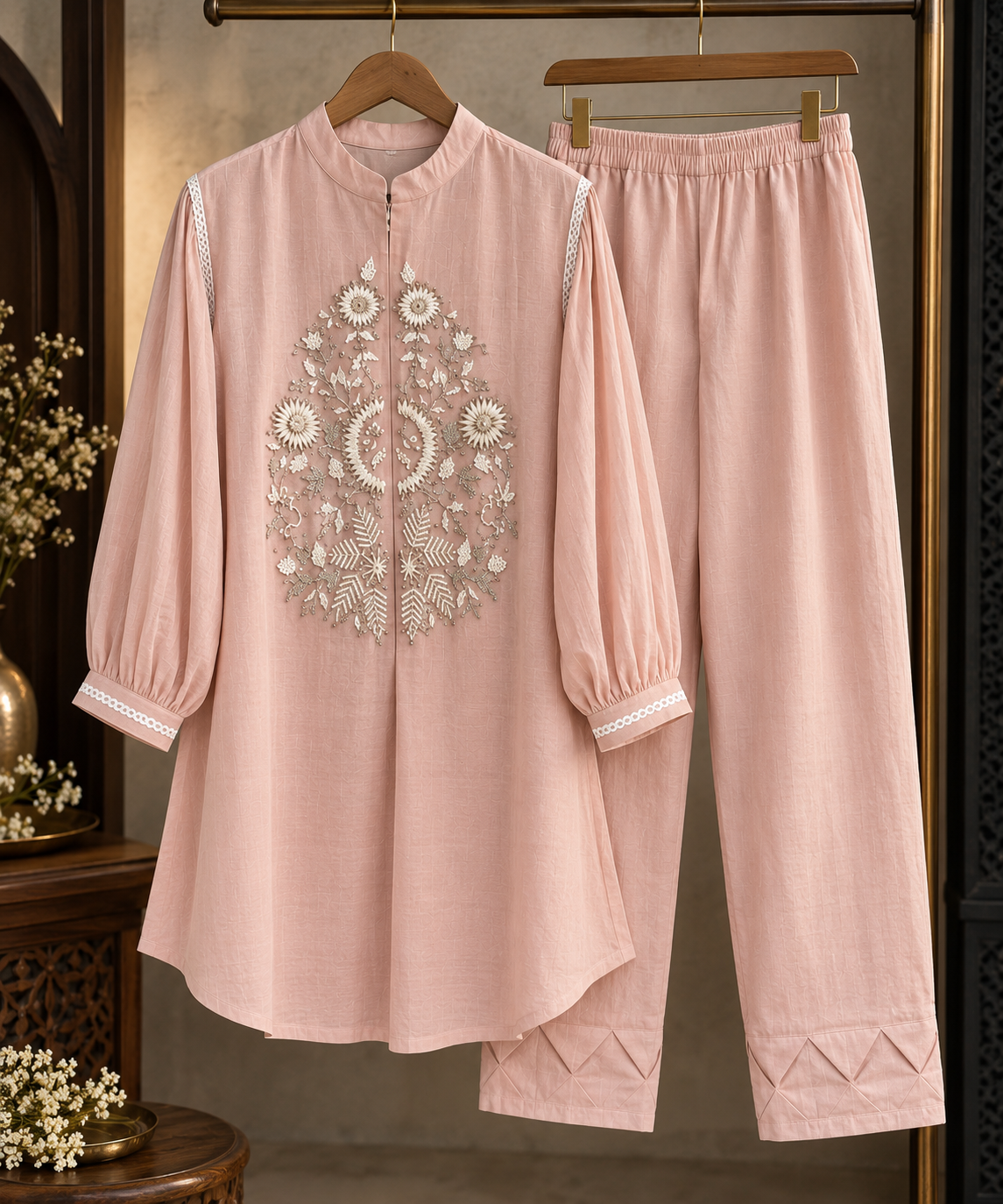 Elara Women’s Onion Pink Coord Set | Embroidered Thigh-Length Kurti & Relaxed Pants