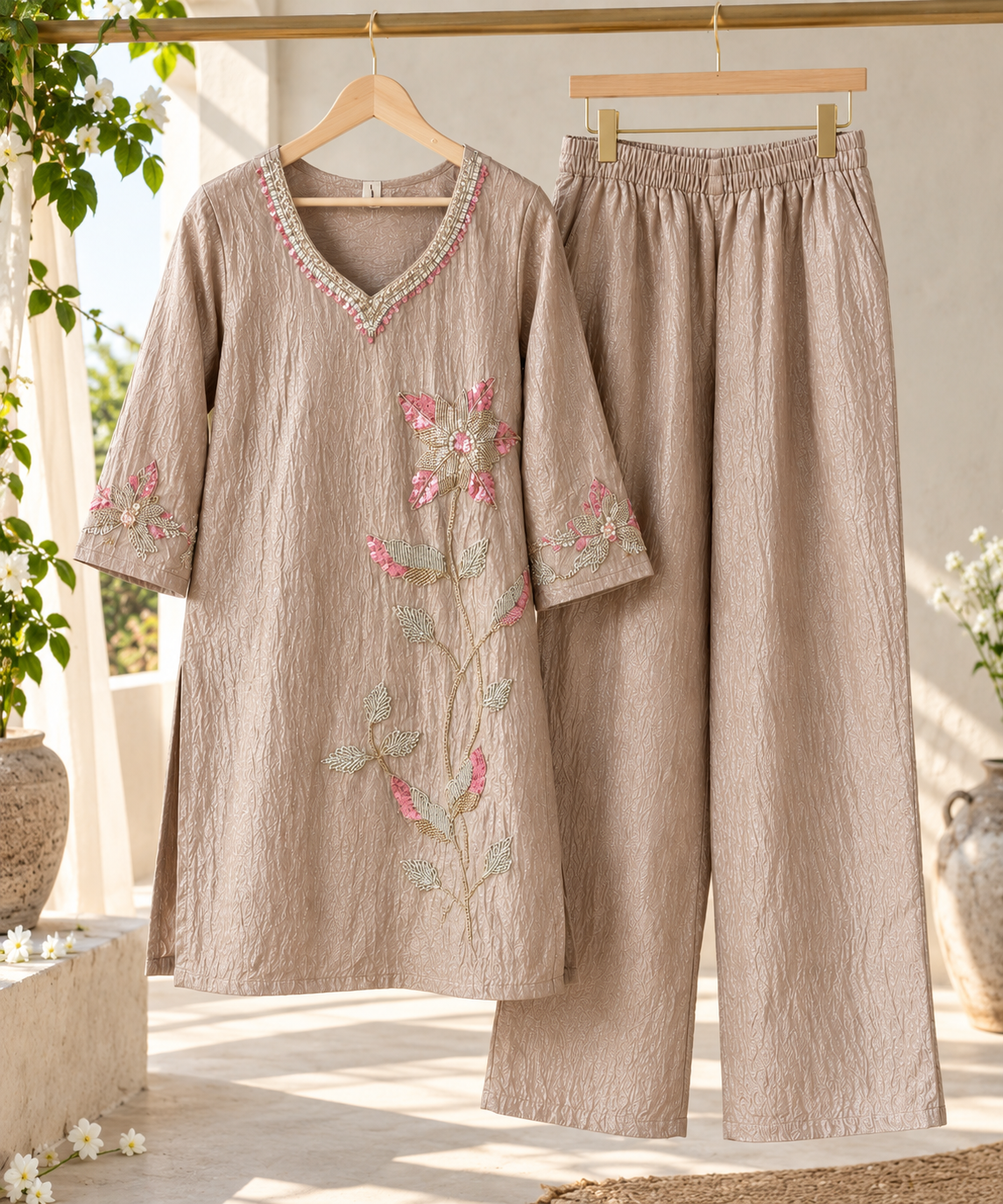 Elara Women’s Embroidered Co-ord Set | V-Neck Kurta & Wide-Leg Pants