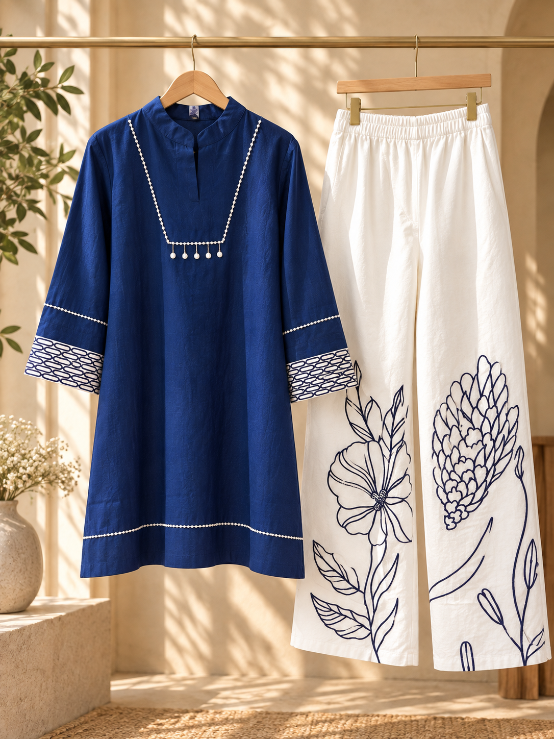 Aster Women’s Coord Set | Embellished Kurta & Floral White Pants