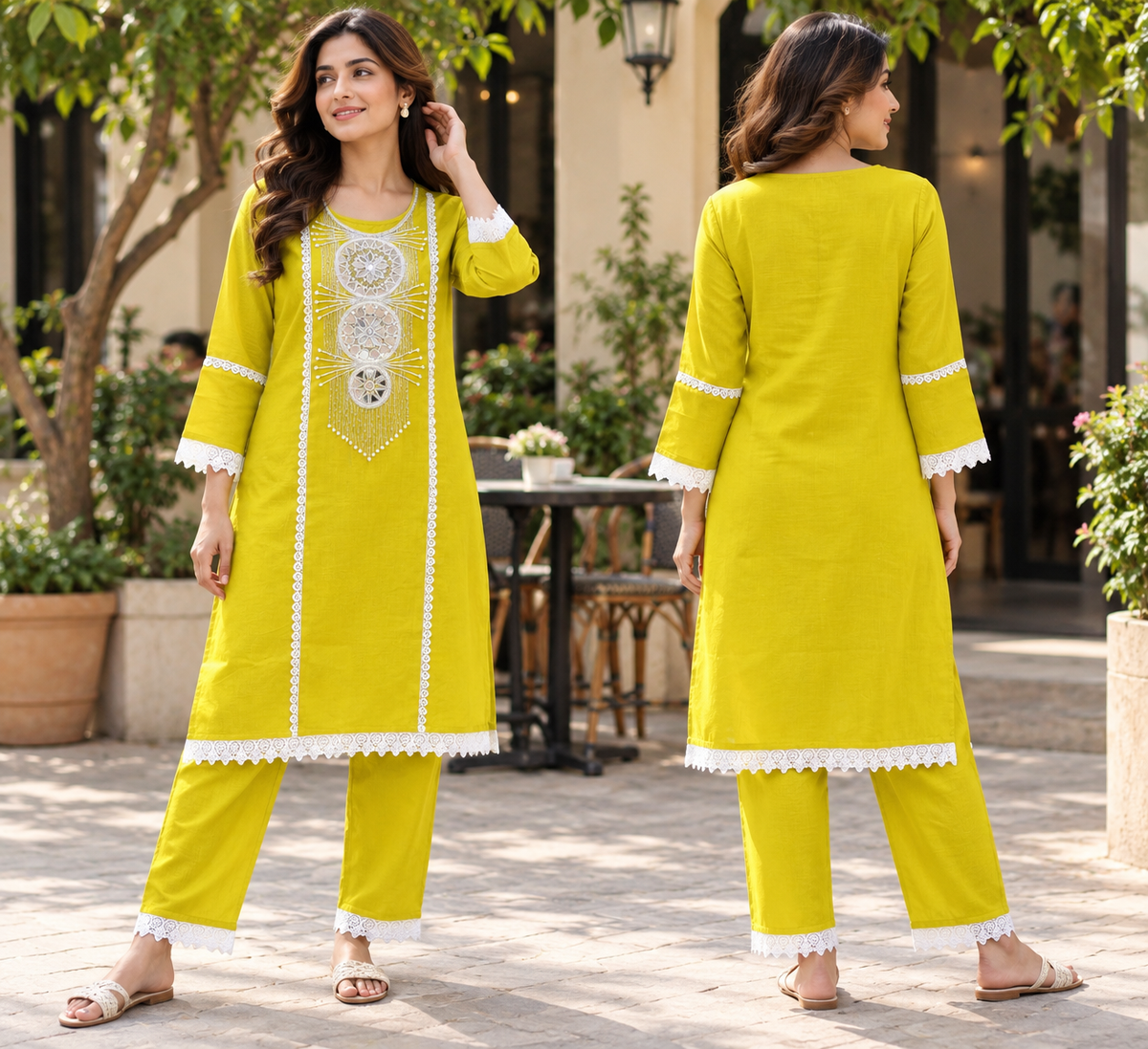 Nyla Women’s Cotton Kurta Set | Embroidered Kurta & Lace-Trim Pants