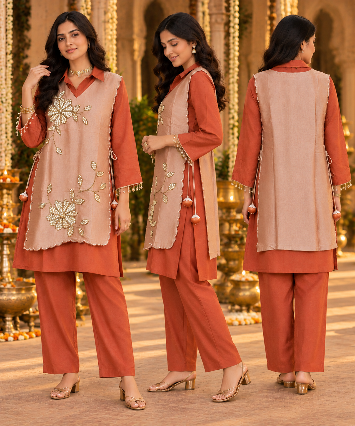 Ruhani 3-Piece Ethnic Co-ord Set | Embroidered Kurta, Overlay & Trousers
