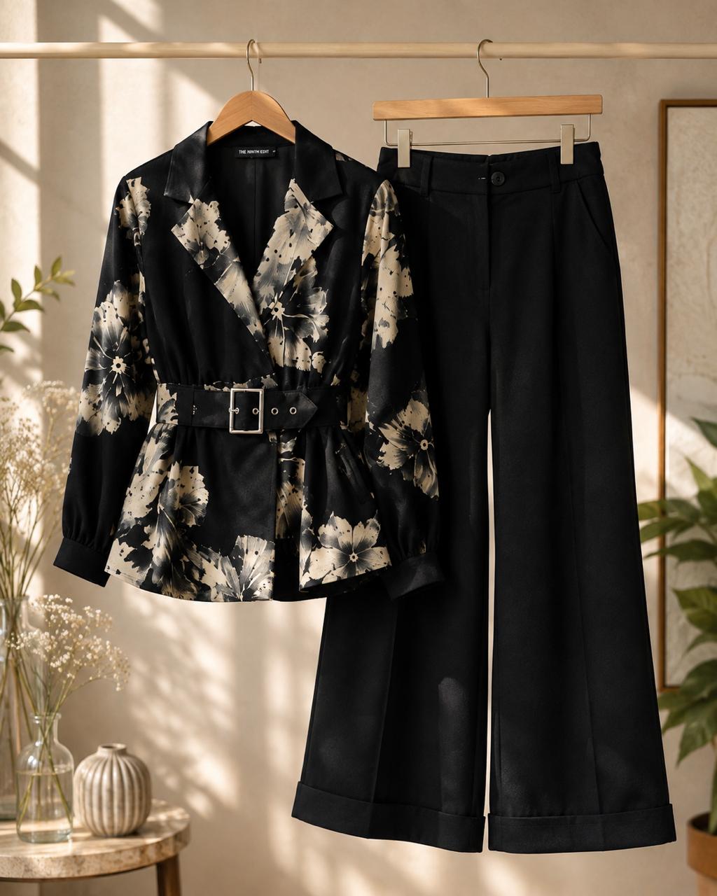 Statement Floral Belted Peplum & Wide-Leg Trouser Co-ord Set