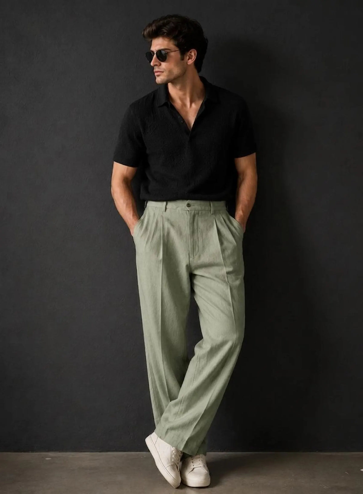 Sage Green Pleated Linen Trousers Co-ord