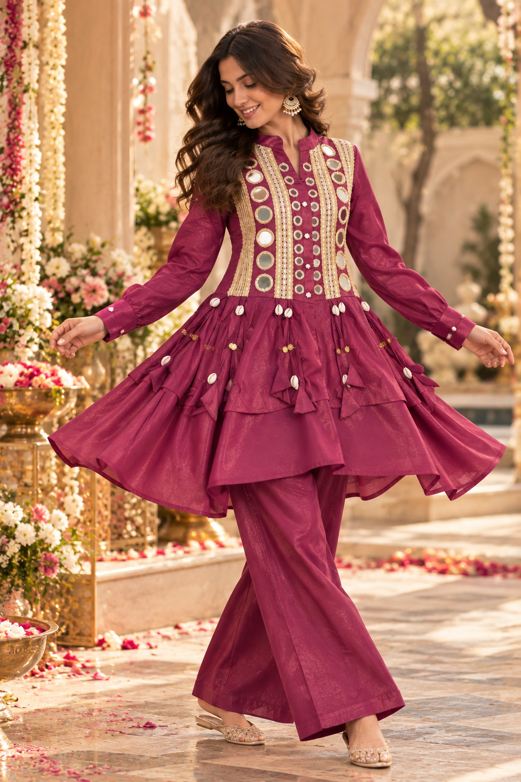 Magenta Tiered Peplum Tunic & Sharara Set