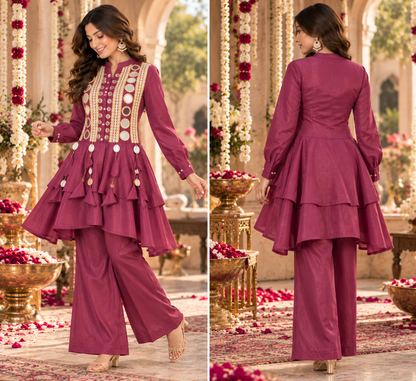 Magenta Tiered Peplum Tunic & Sharara Set