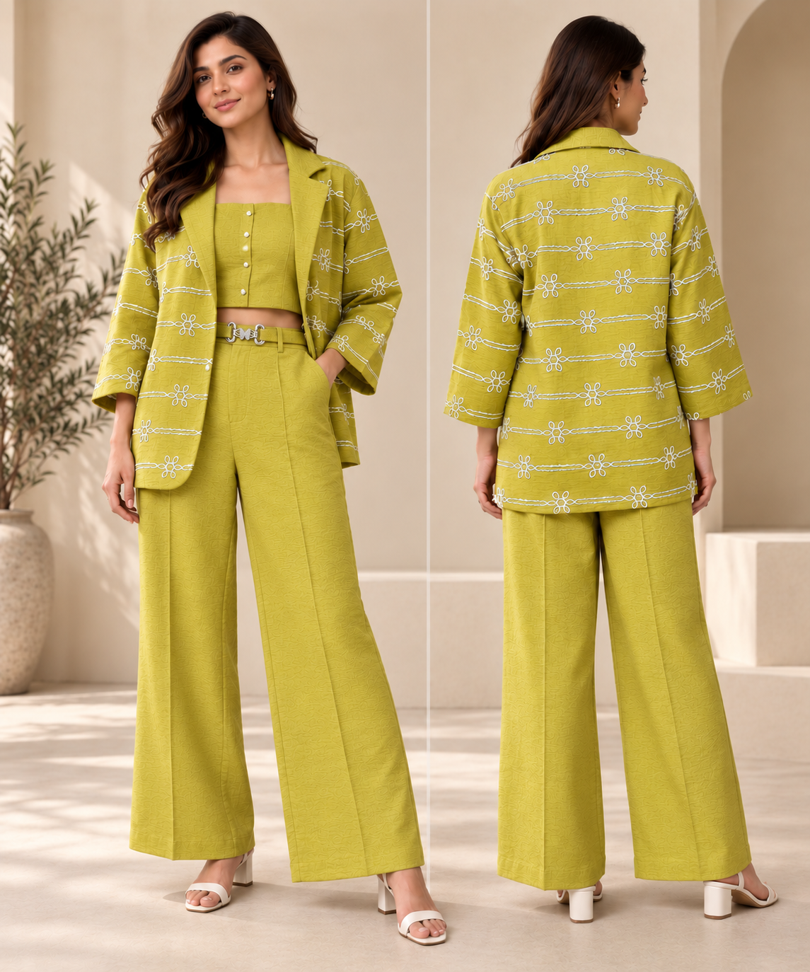 Solara Women's Cotton Co-ord Set | Embroidered Blazer, Cropped Top & Wide-Leg Pants