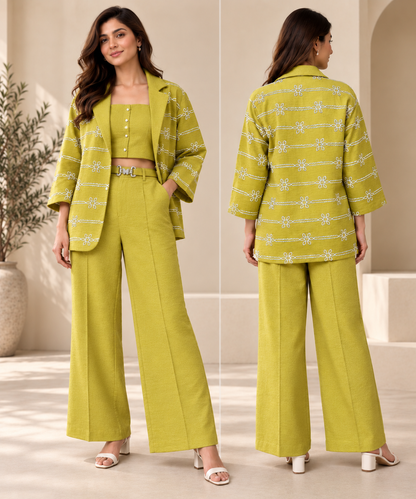 Solara Women's Cotton Co-ord Set | Embroidered Blazer, Cropped Top & Wide-Leg Pants