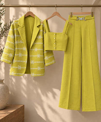 Solara Women's Cotton Co-ord Set | Embroidered Blazer, Cropped Top & Wide-Leg Pants