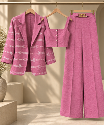 Solara Women's Cotton Co-ord Set | Embroidered Blazer, Cropped Top & Wide-Leg Pants