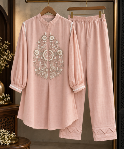 Elara Women’s Onion Pink Coord Set | Embroidered Thigh-Length Kurti & Relaxed Pants
