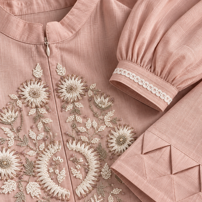 Elara Women’s Onion Pink Coord Set | Embroidered Thigh-Length Kurti & Relaxed Pants