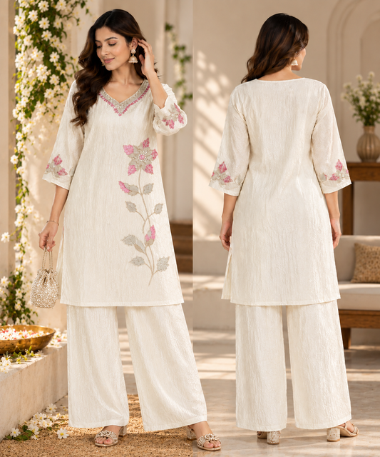 Elara Women’s Embroidered Co-ord Set | V-Neck Kurta & Wide-Leg Pants