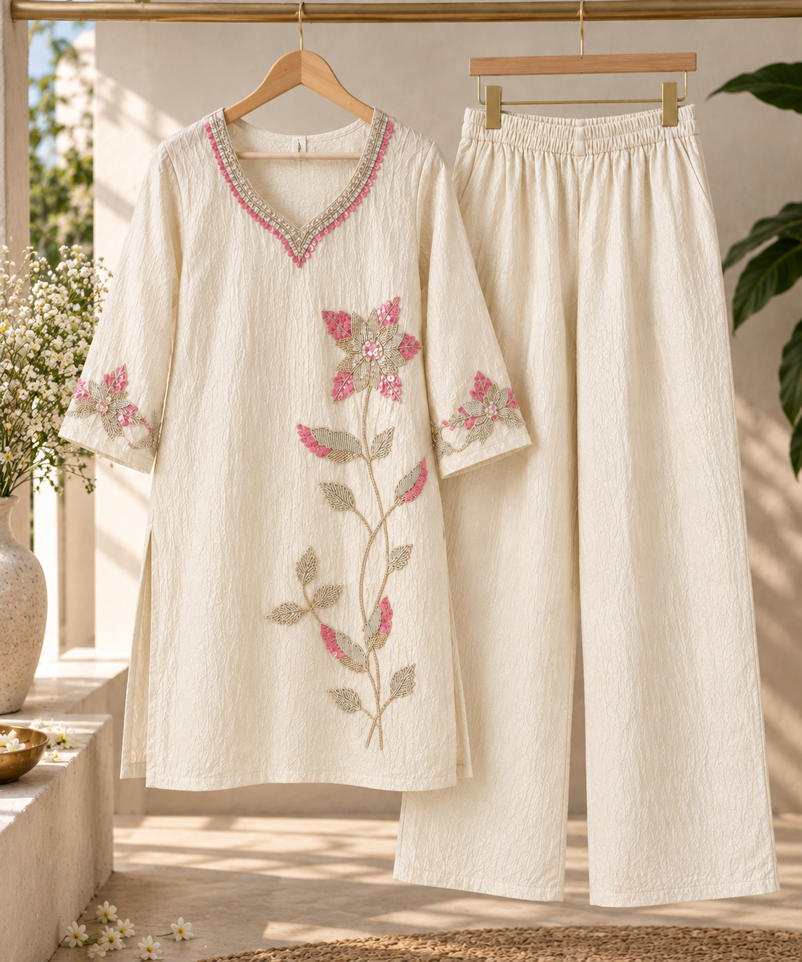 Elara Women’s Embroidered Co-ord Set | V-Neck Kurta & Wide-Leg Pants