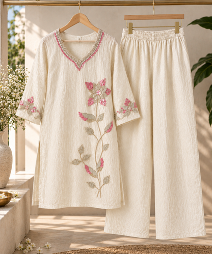Elara Women’s Embroidered Co-ord Set | V-Neck Kurta & Wide-Leg Pants