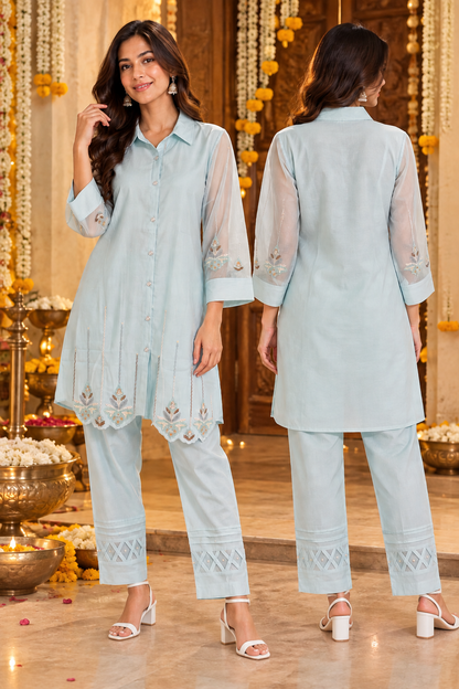 Aaira Women’s Sky Blue Kurta Coord Set | Collared Button-Front Kurta & Straight Pants
