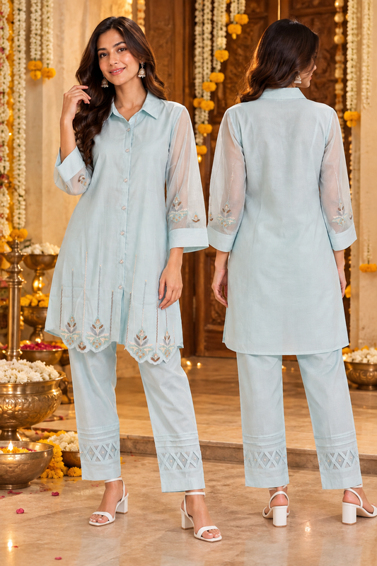 Aaira Women’s Sky Blue Kurta Coord Set | Collared Button-Front Kurta & Straight Pants