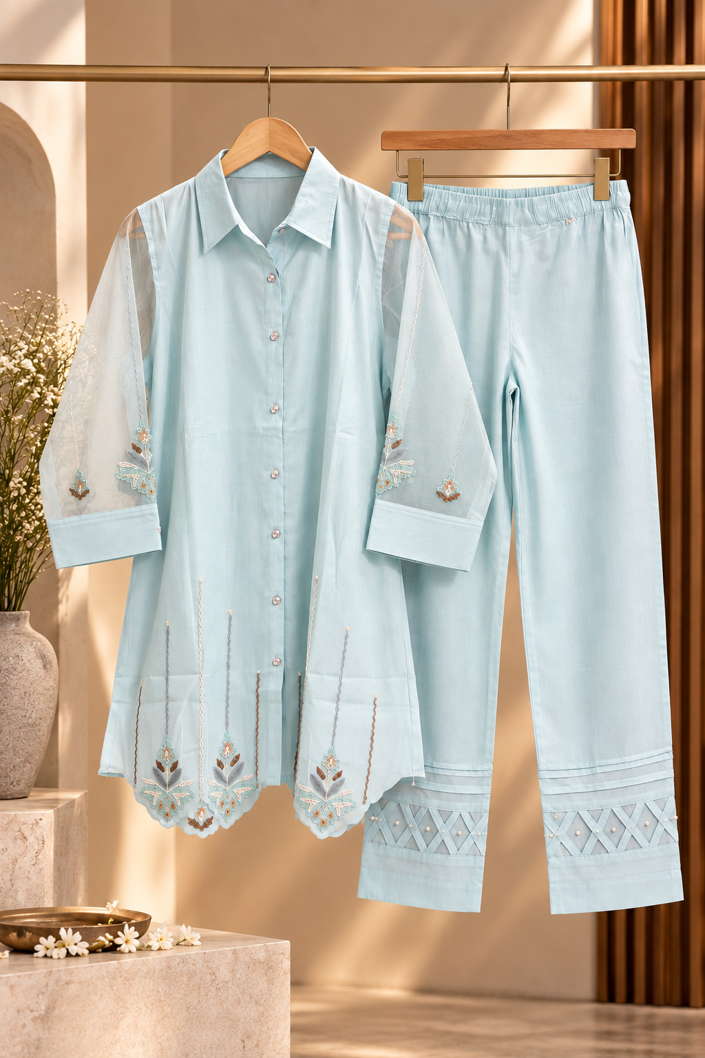 Aaira Women’s Sky Blue Kurta Coord Set | Collared Button-Front Kurta & Straight Pants
