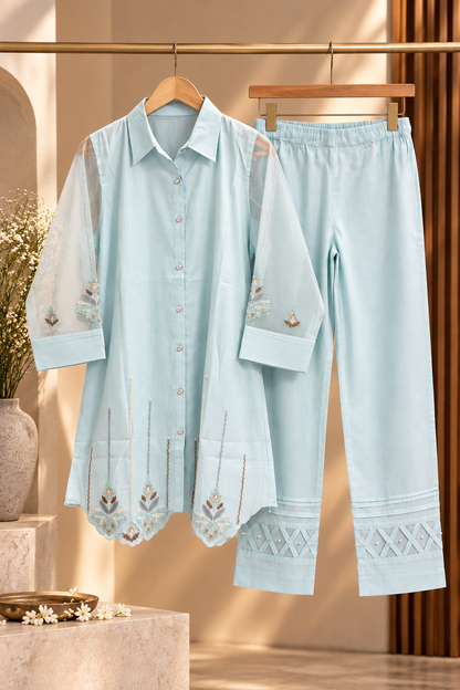Aaira Women’s Sky Blue Kurta Coord Set | Collared Button-Front Kurta & Straight Pants