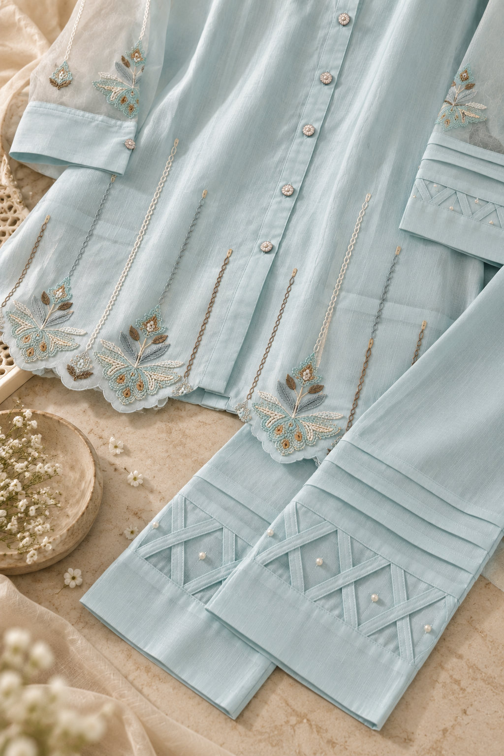 Aaira Women’s Sky Blue Kurta Coord Set | Collared Button-Front Kurta & Straight Pants