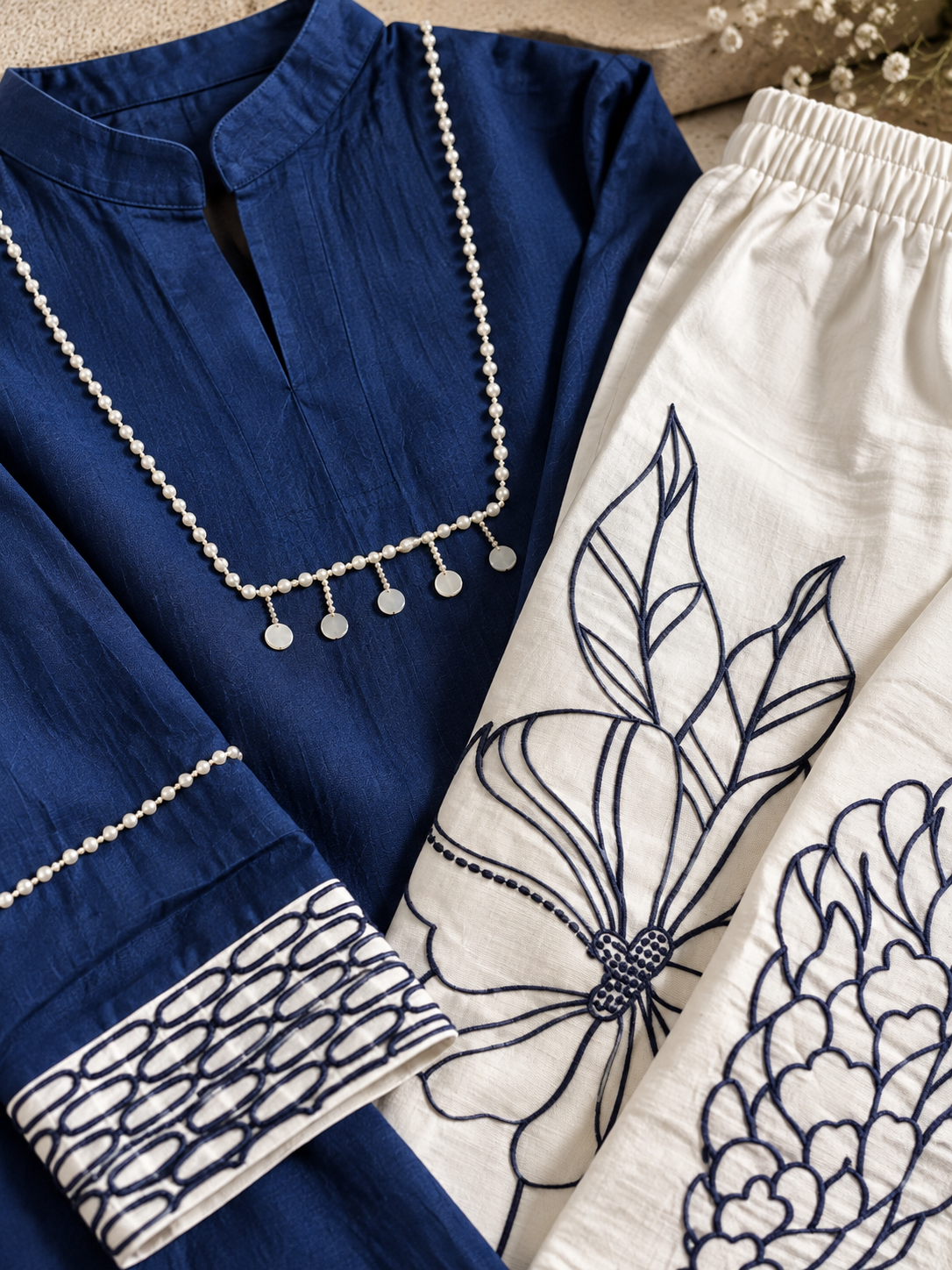 Aster Women’s Coord Set | Embellished Kurta & Floral White Pants