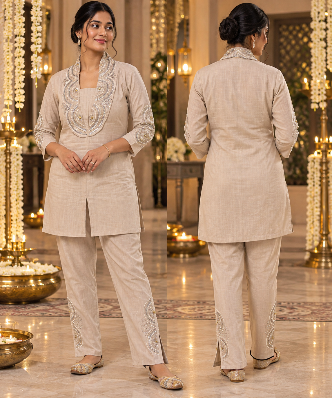 Meher Women’s Festive Coord Set | Embroidered Kurta & Straight-Leg Pants