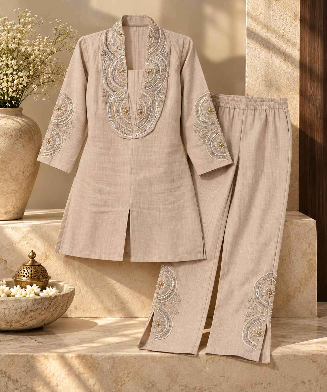 Meher Women’s Festive Coord Set | Embroidered Kurta & Straight-Leg Pants