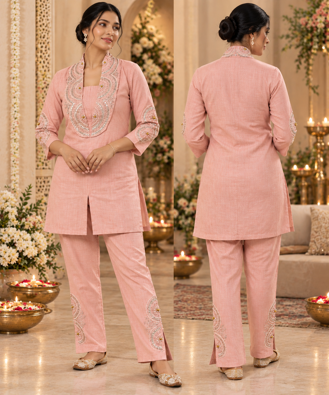 Meher Women’s Festive Coord Set | Embroidered Kurta & Straight-Leg Pants