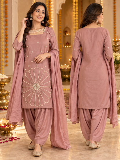 Inaya Women's Festive 2-Piece Set | Embellished Kurta & Pleated Pants with Dupatta