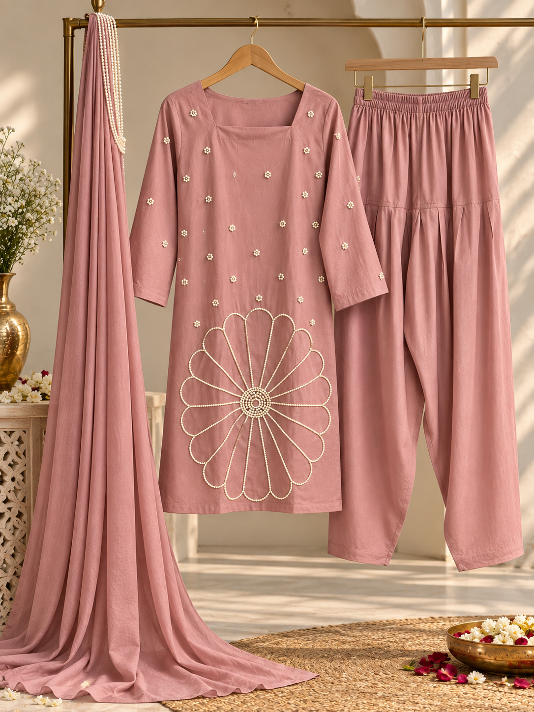 Inaya Women's Festive 2-Piece Set | Embellished Kurta & Pleated Pants with Dupatta