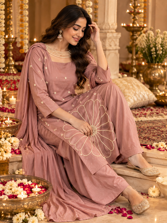Inaya Women's Festive 2-Piece Set | Embellished Kurta & Pleated Pants with Dupatta