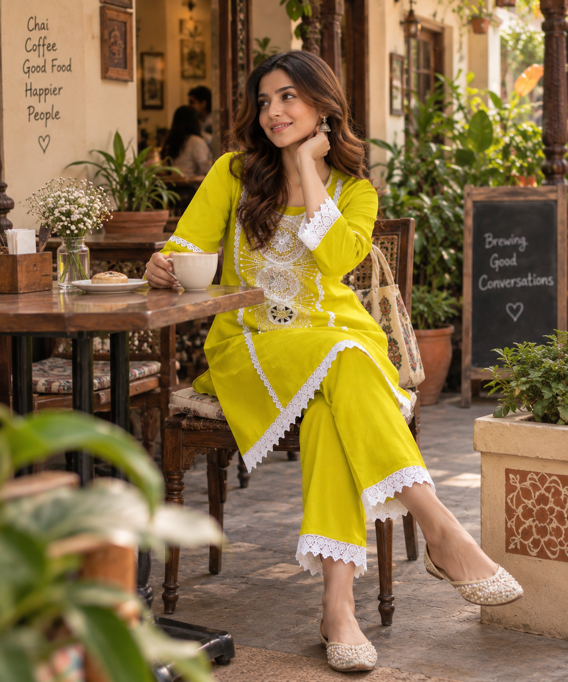 Nyla Women’s Cotton Kurta Set | Embroidered Kurta & Lace-Trim Pants