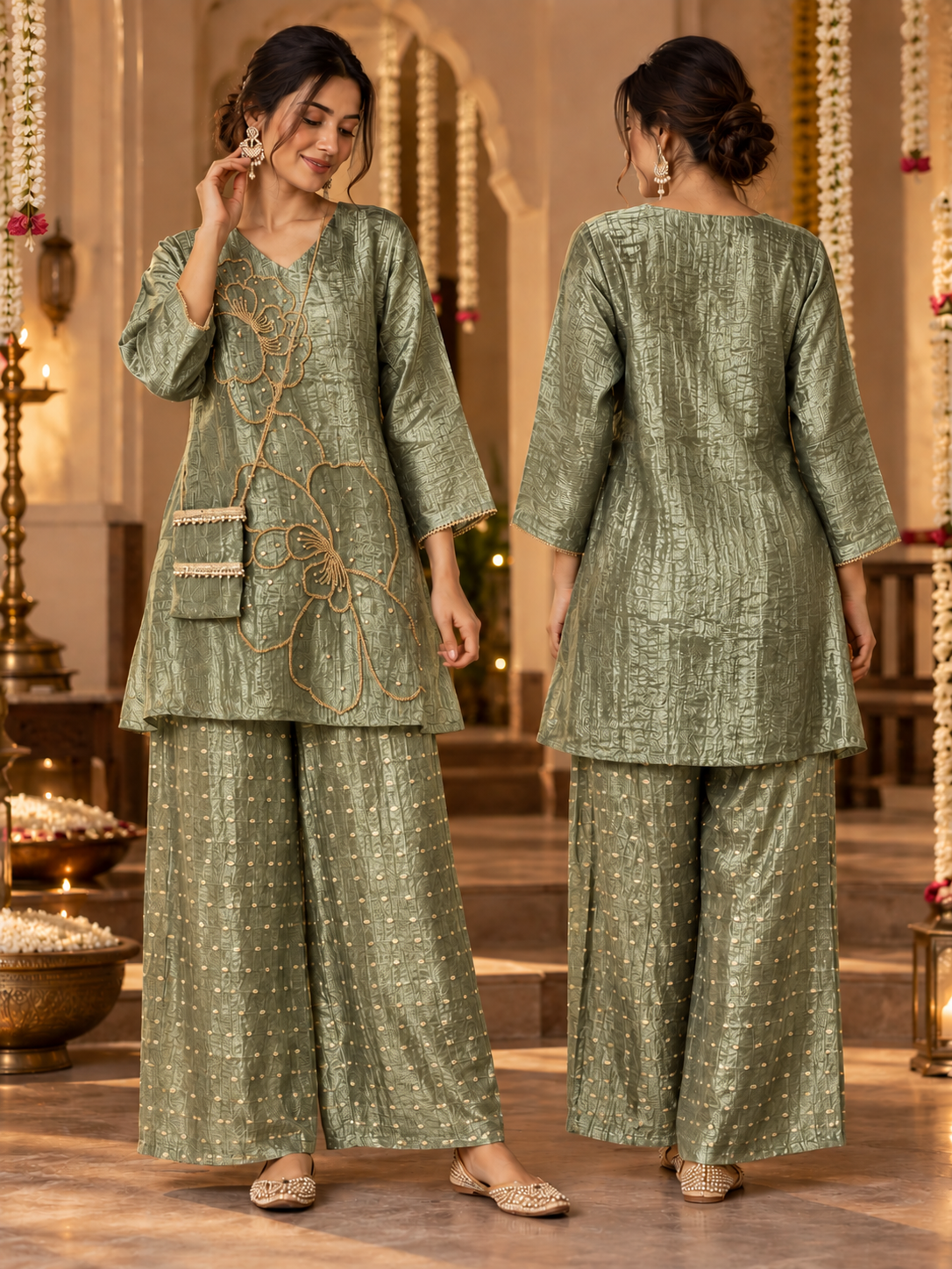 Nazakat Crushed Tissue Coord Set | Embroidered V-Neck Kurta & Wide-Leg Pants