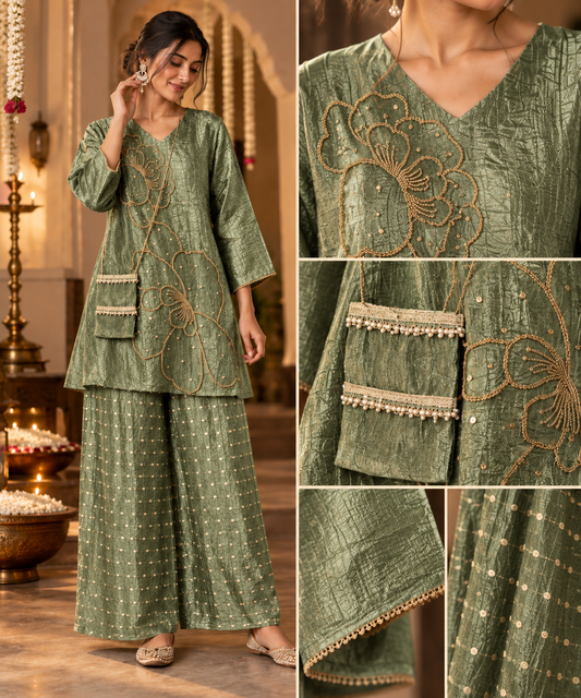 Nazakat Crushed Tissue Coord Set | Embroidered V-Neck Kurta & Wide-Leg Pants