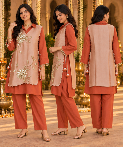 Ruhani 3-Piece Ethnic Co-ord Set | Embroidered Kurta, Overlay & Trousers