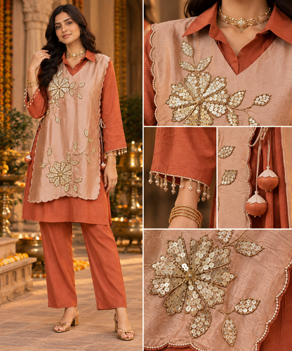 Ruhani 3-Piece Ethnic Co-ord Set | Embroidered Kurta, Overlay & Trousers