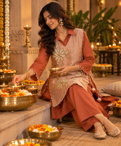 Ruhani 3-Piece Ethnic Co-ord Set | Embroidered Kurta, Overlay & Trousers