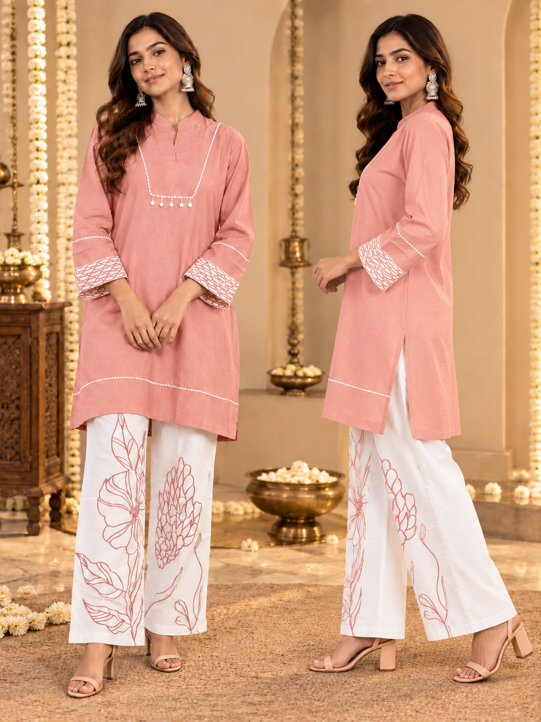 Aster Women’s Coord Set | Embellished Kurta & Floral White Pants