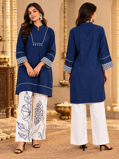 Aster Women’s Coord Set | Embellished Kurta & Floral White Pants