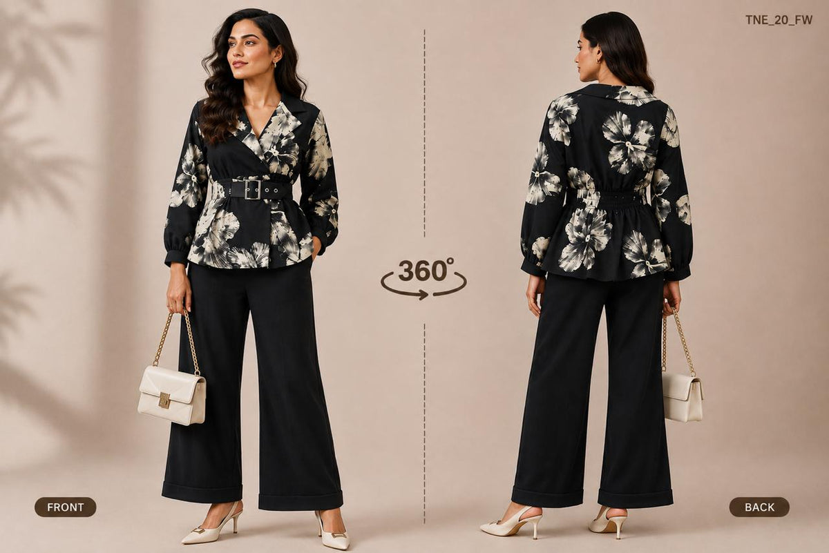 Statement Floral Belted Peplum & Wide-Leg Trouser Co-ord Set