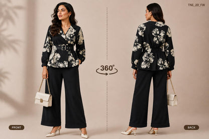 Statement Floral Belted Peplum & Wide-Leg Trouser Co-ord Set