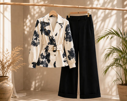 Statement Floral Belted Peplum & Wide-Leg Trouser Co-ord Set