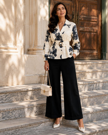 Statement Floral Belted Peplum & Wide-Leg Trouser Co-ord Set