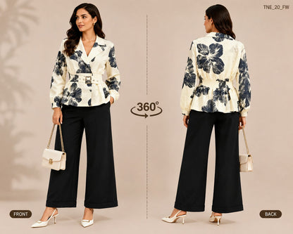 Statement Floral Belted Peplum & Wide-Leg Trouser Co-ord Set