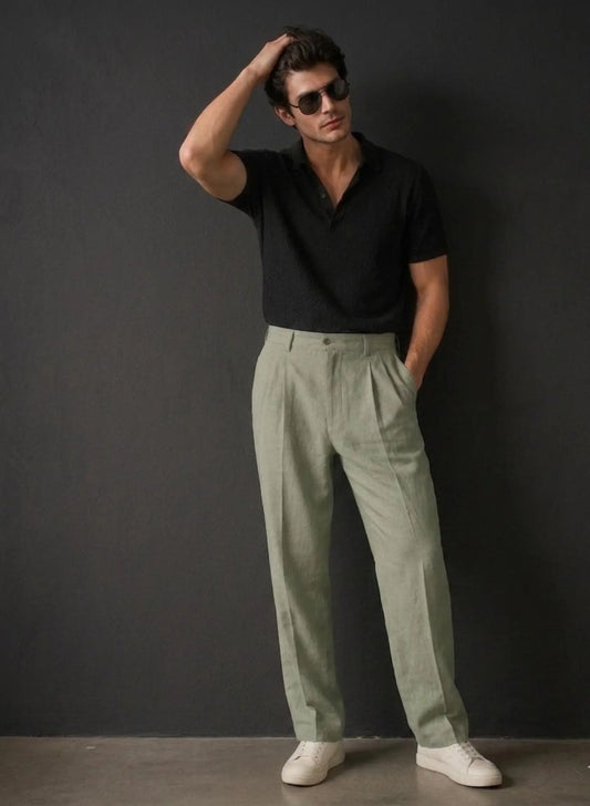 Sage Green Pleated Linen Trousers Co-ord