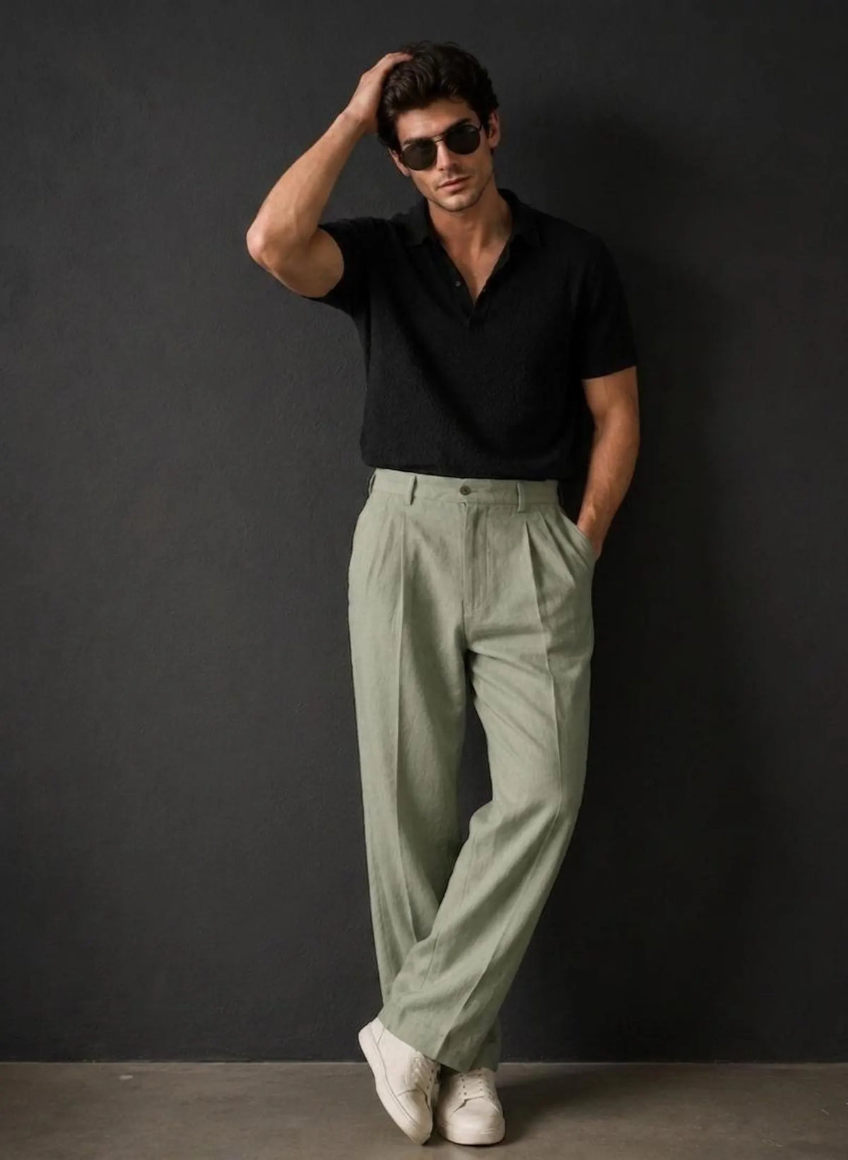 Sage Green Pleated Linen Trousers Co-ord